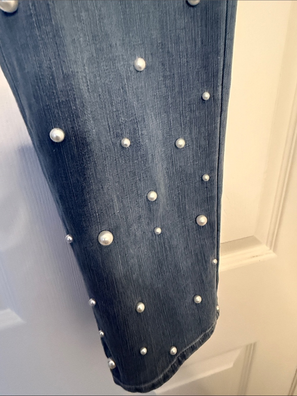 Soft Surroundings Blue Pearl-Embellished Straight-Leg Jeans - Picture 4 of 9